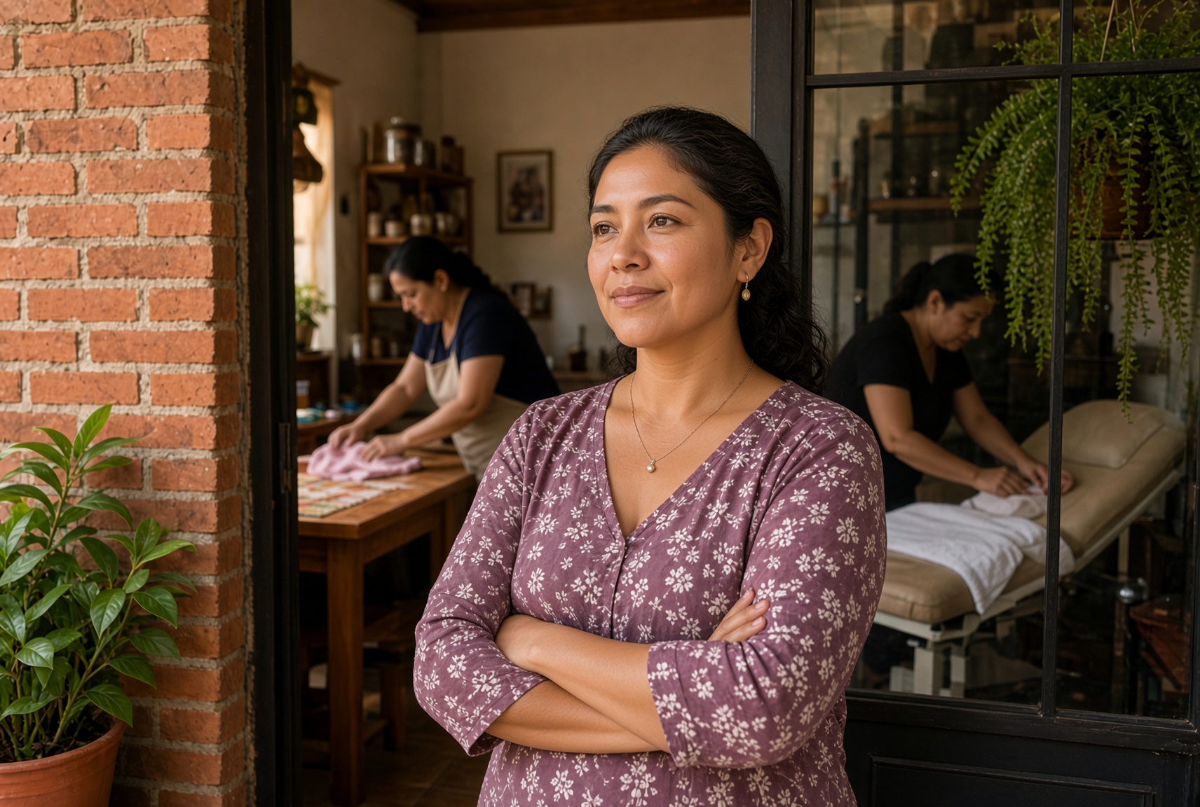 Dueña joven de un spa en Bogotá, tranquila frente a su local
